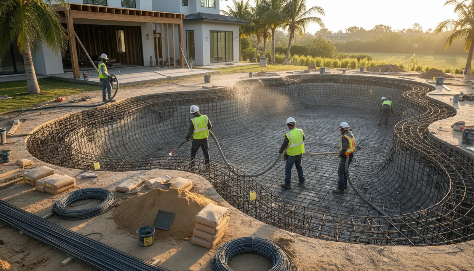 Pool construction crew placing gunite