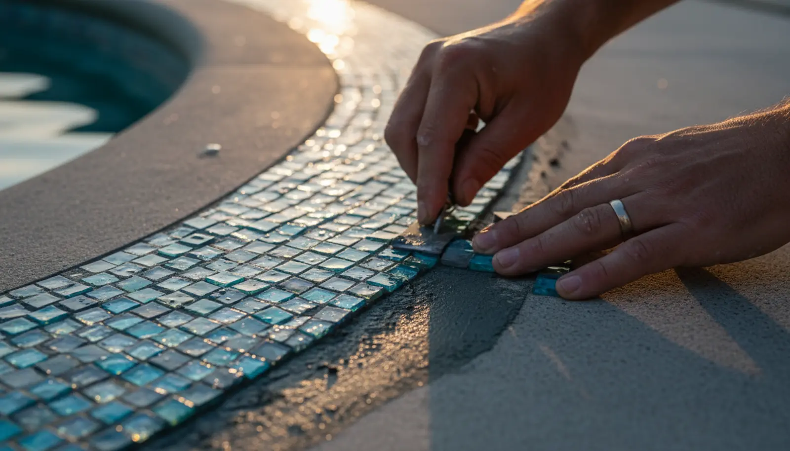 Hands setting glass mosaic waterline tile