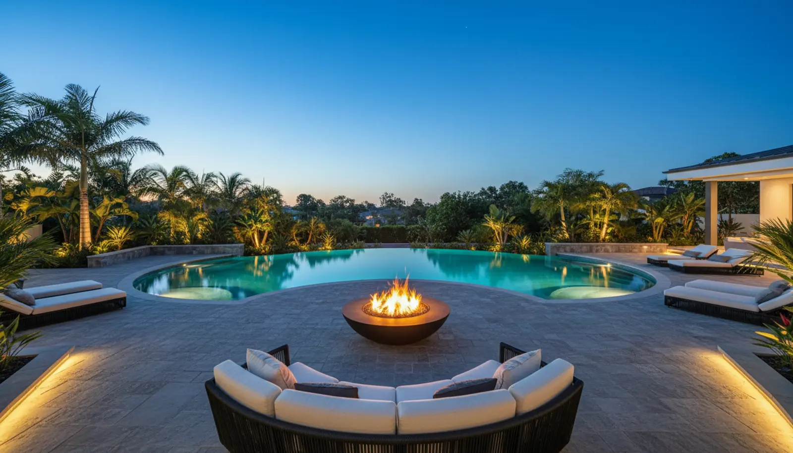 Blue hour backyard with lit pool, stone patio and fire bowl